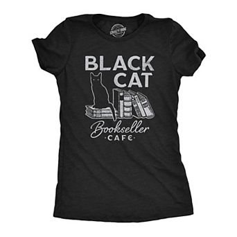 Womens Black Cat Bookseller Cafe T Shirt Funny Halloween Book Lovers Novelty Tee for Ladies