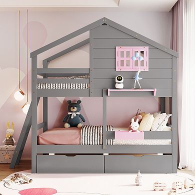 Merax Twin over Twin Bunk Bed with 2 Drawers, 1 Storage Box, 1 Shelf