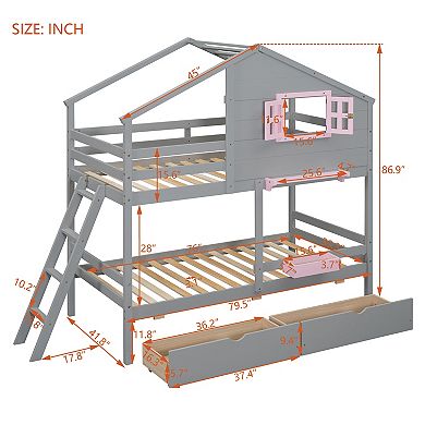 Merax Twin over Twin Bunk Bed with 2 Drawers, 1 Storage Box, 1 Shelf