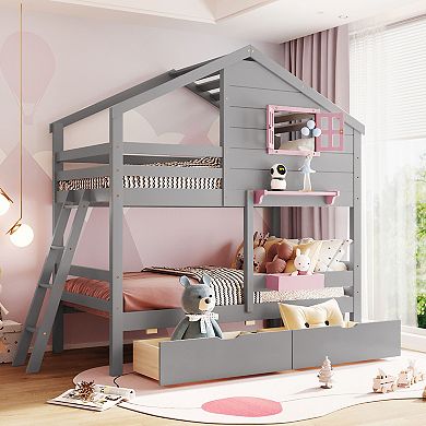 Merax Twin over Twin Bunk Bed with 2 Drawers, 1 Storage Box, 1 Shelf