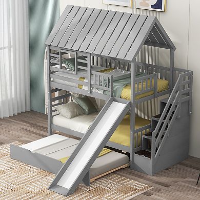 Merax Twin over Twin House Bunk Bed with Trundle and Slide, Storage Staircase