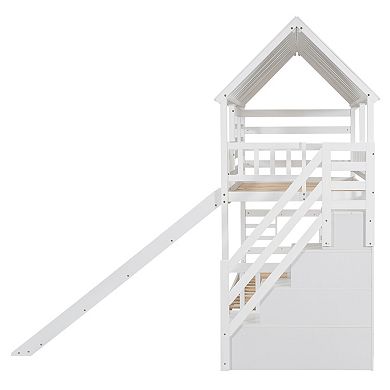 Merax Twin over Twin House Bunk Bed with Trundle and Slide, Storage Staircase