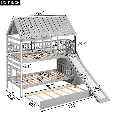 Merax Twin over Twin House Bunk Bed with Trundle and Slide, Storage Staircase