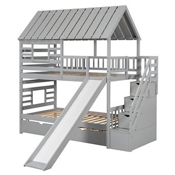 Merax Twin over Twin House Bunk Bed with Trundle and Slide, Storage Staircase