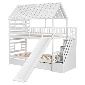 Merax Twin over Twin House Bunk Bed with Trundle and Slide, Storage Staircase