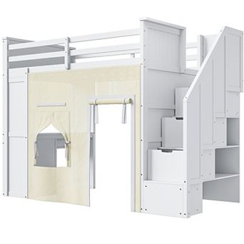 Merax Twin Size Loft Bed with Desk and Lockers, Two Built-in Drawers, Storage Staircase and Curtain