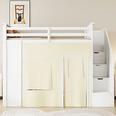 Merax Twin Size Loft Bed with Desk and Lockers, Two Built-in Drawers, Storage Staircase and Curtain