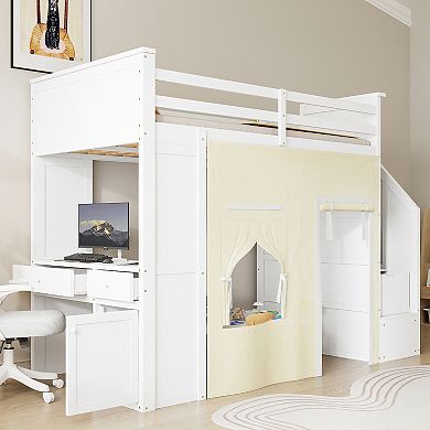 Merax Twin Size Loft Bed with Desk and Lockers, Two Built-in Drawers, Storage Staircase and Curtain