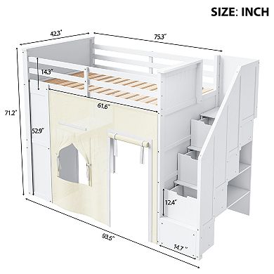 Merax Twin Size Loft Bed with Desk and Lockers, Two Built-in Drawers, Storage Staircase and Curtain