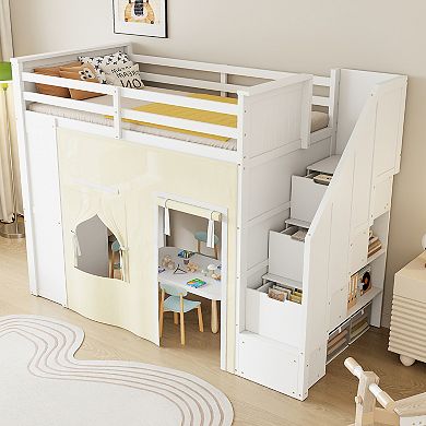 Merax Twin Size Loft Bed with Desk and Lockers, Two Built-in Drawers, Storage Staircase and Curtain