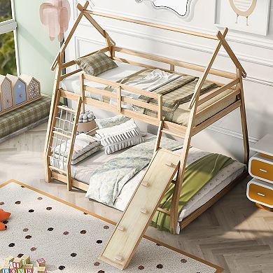 Merax Twin over Queen House Bunk Bed with Climbing Nets and Climbing Ramp