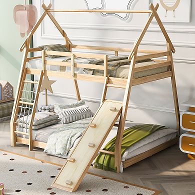 Merax Twin over Queen House Bunk Bed with Climbing Nets and Climbing Ramp