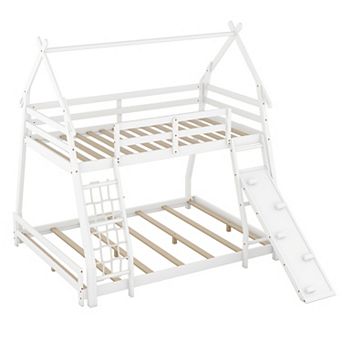 Merax Twin over Queen House Bunk Bed with Climbing Nets and Climbing Ramp