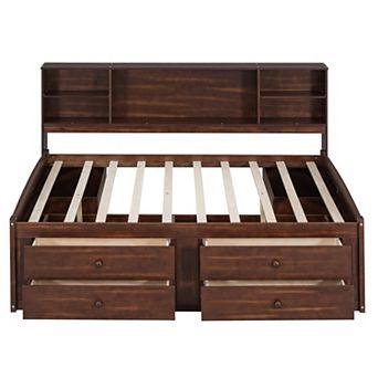 Merax Full Size Wooden Captain Bed with Built-in Storage Shelves, 4 Drawers and 2 Cabinets