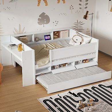 Merax Multi-Functional Twin Daybed with Drawers and Trundle, Headboard Storage and Tables