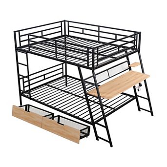 Merax Full Size Metal Bunk Bed with Built-in Desk, Light and 2 Drawers