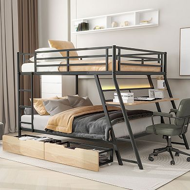 Merax Full Size Metal Bunk Bed with Built-in Desk, Light and 2 Drawers