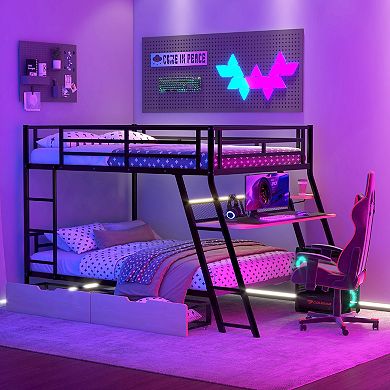 Merax Full Size Metal Bunk Bed with Built-in Desk, Light and 2 Drawers