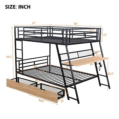 Merax Full Size Metal Bunk Bed with Built-in Desk, Light and 2 Drawers