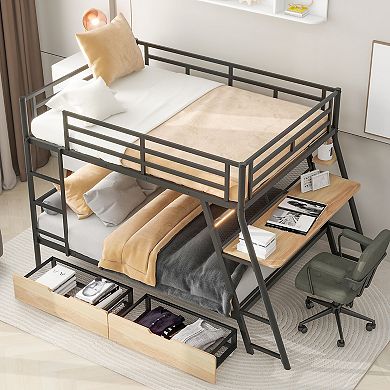 Merax Full Size Metal Bunk Bed with Built-in Desk, Light and 2 Drawers