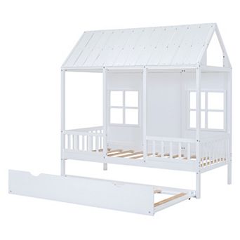 Merax Twin Size Wood House Bed With Twin Size Trundle