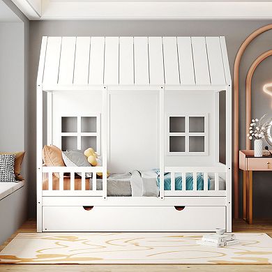Merax Twin Size Wood House Bed With Twin Size Trundle