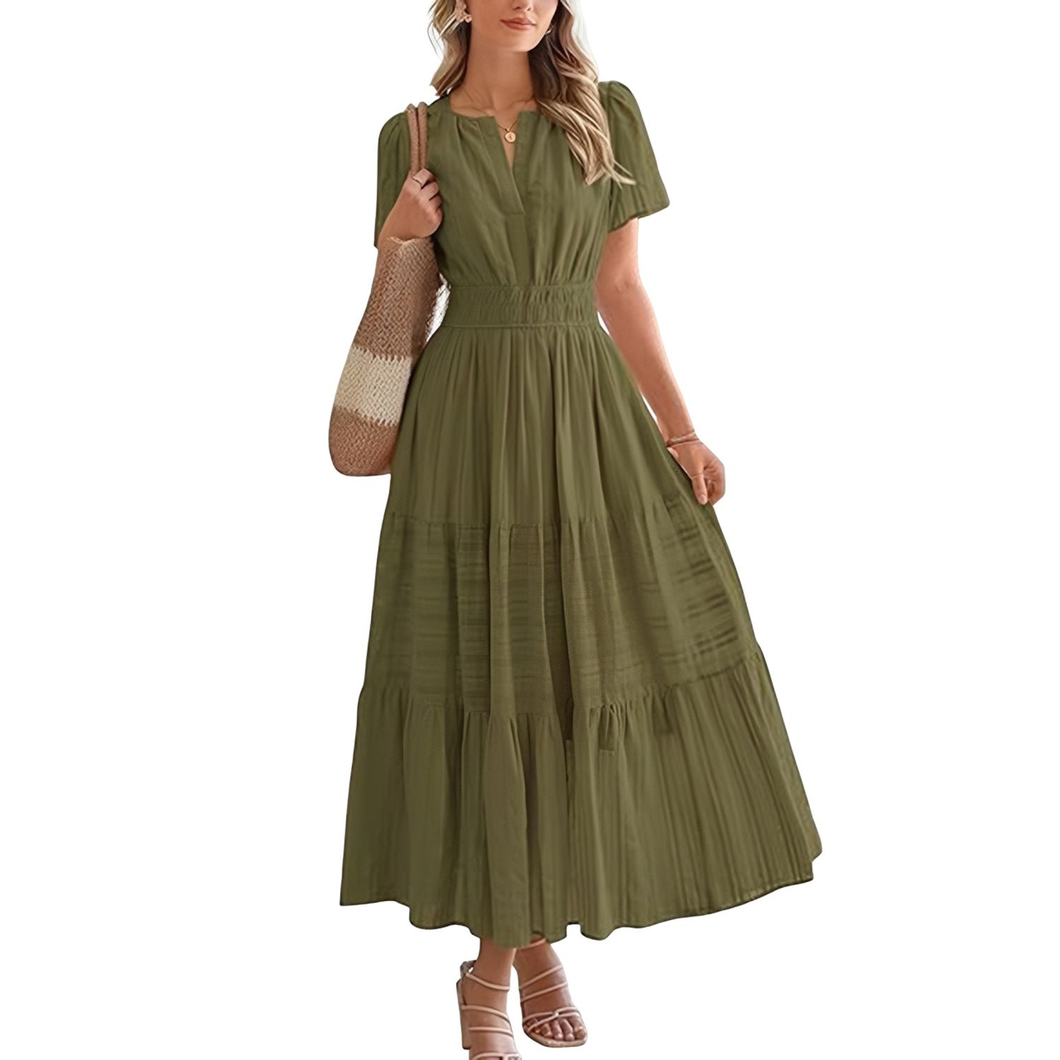Женские платья V Neck Tiered Maxi Dress Short Sleeve Smocked Waist Flowy Casual Long Dress