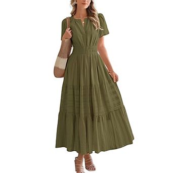 Women's V Neck Tiered Maxi Dress Short Sleeve Smocked Waist Flowy Casual Long Dress