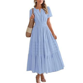 Women's V Neck Tiered Maxi Dress Short Sleeve Smocked Waist Flowy Casual Long Dress