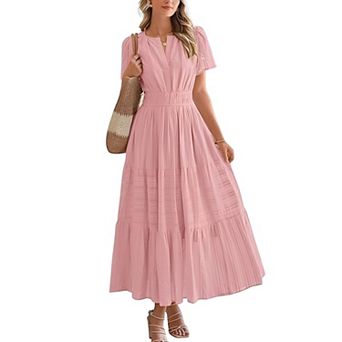 Women's V Neck Tiered Maxi Dress Short Sleeve Smocked Waist Flowy Casual Long Dress