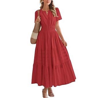 Women's V Neck Tiered Maxi Dress Short Sleeve Smocked Waist Flowy Casual Long Dress