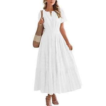 Women's V Neck Tiered Maxi Dress Short Sleeve Smocked Waist Flowy Casual Long Dress