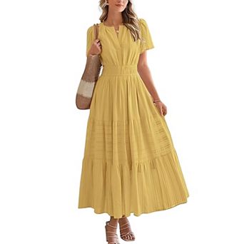 Women's V Neck Tiered Maxi Dress Short Sleeve Smocked Waist Flowy Casual Long Dress