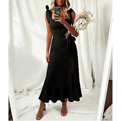 Women's Tie Strap Midi Dress, Elegant Sleeveless Split Hem Ruffle Sundress for Beach & Vacation