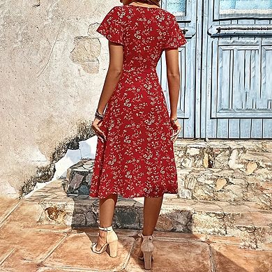 Women's Floral Midi Dress - Square Neck Flutter Sleeve Split Casual Dress