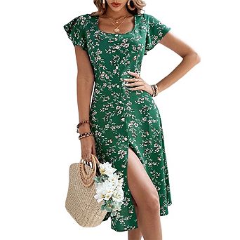 Women's Floral Midi Dress - Square Neck Flutter Sleeve Split Casual Dress