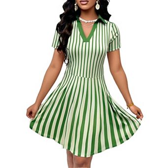 Women's Striped Polo Collar A-Line Dress Short Sleeve V Neck Fit and Flare Mini Dress