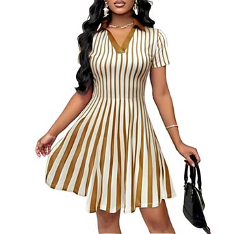Women's Striped Polo Collar A-Line Dress Short Sleeve V Neck Fit and Flare Mini Dress