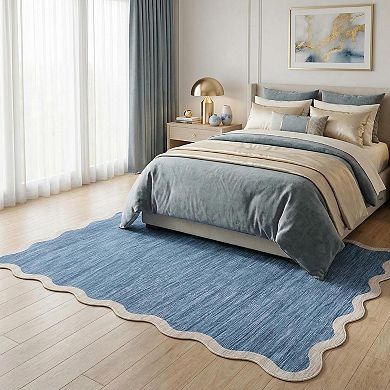 Fashionwu Modern Solid Textured Rugs for Living Room Scalloped Border Carpet Minimalist Home Decor