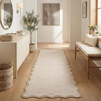 Fashionwu Modern Solid Textured Rugs for Living Room Scalloped Border Carpet Minimalist Home Decor