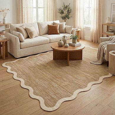 Fashionwu Modern Solid Textured Rugs for Living Room Scalloped Border Carpet Minimalist Home Decor