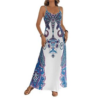 Women's V-Neck Sleeveless Printed Maxi Dress, Flowy Boho Casual Sundress for Vacation & Daily Wear