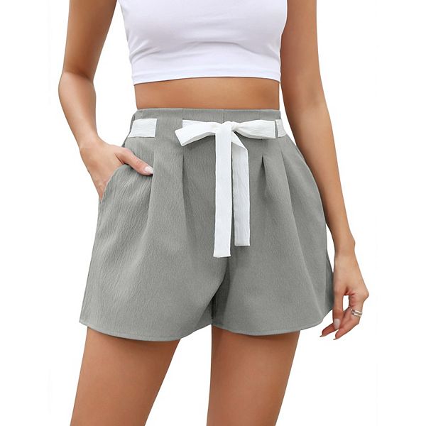Womens High Waisted Pleated Tie Waist Casual Shorts Elastic Waist