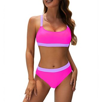 Womens Color Block Bikini Sets Sporty Two Piece Swimsuits Scoop Neck High Cut Bathing Suits