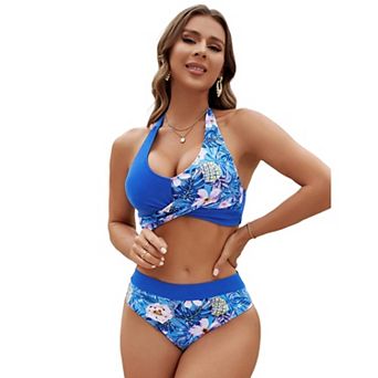 Womens High Waisted Bikini Sets Twist Color Block Two Piece Swimsuit Halter Bathing Suit