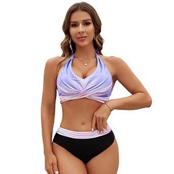 Womens High Waisted Bikini Sets Twist Color Block Two Piece Swimsuit Halter Bathing Suit