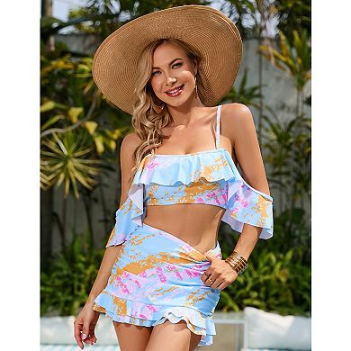 Womens Two Piece Swimsuit Ruffled Off-Shoulder Printed Bikini Skirted Bottom Bathing Suits