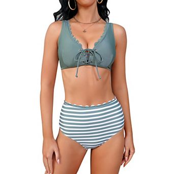 Womens Two Piece Tie Bikini Set Scallop Top with High Waisted Bottoms Stylish Swimwear