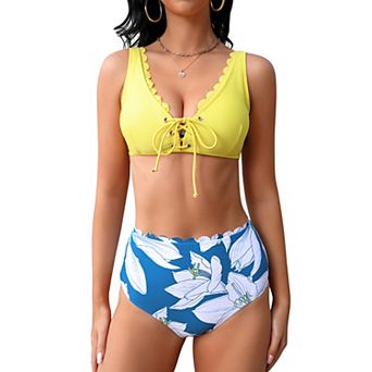 Womens Two Piece Tie Bikini Set Scallop Top with High Waisted Bottoms Stylish Swimwear