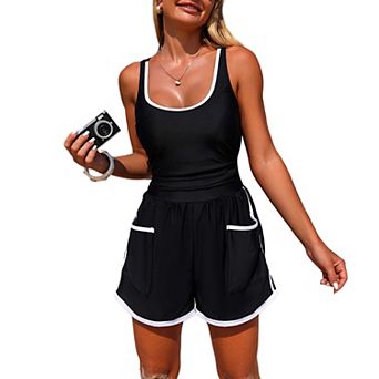 Women Tankini Swimsuit with Shorts Pockets Two Piece Tummy Control Sports Bathing Suit